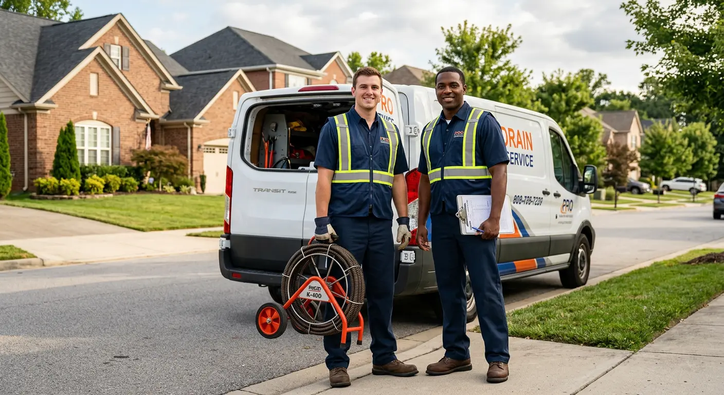 Sewer and drain service team with equipment ready for work in East Cleveland