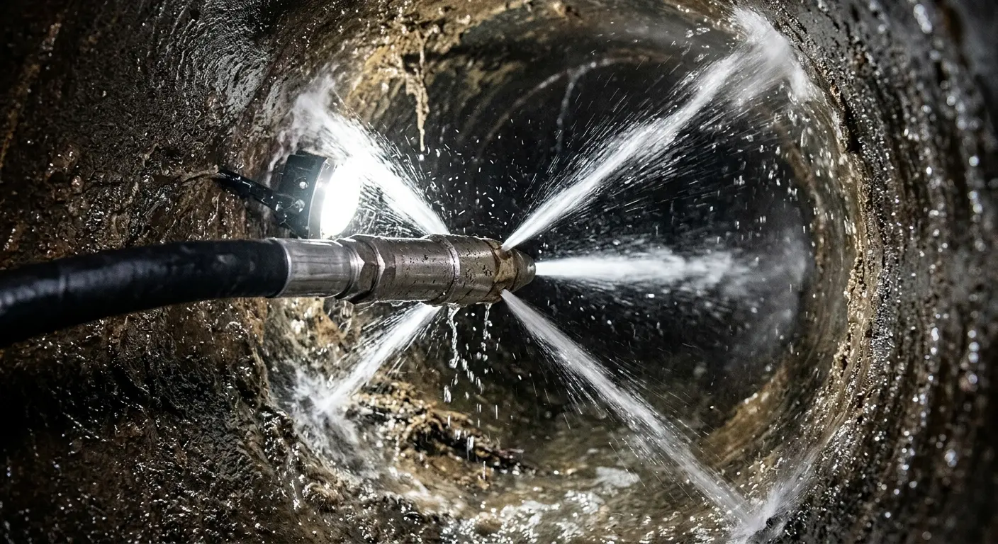 High-pressure hydro jetting nozzle cleaning sewer pipe for Sewer Cleanout in East Cleveland
