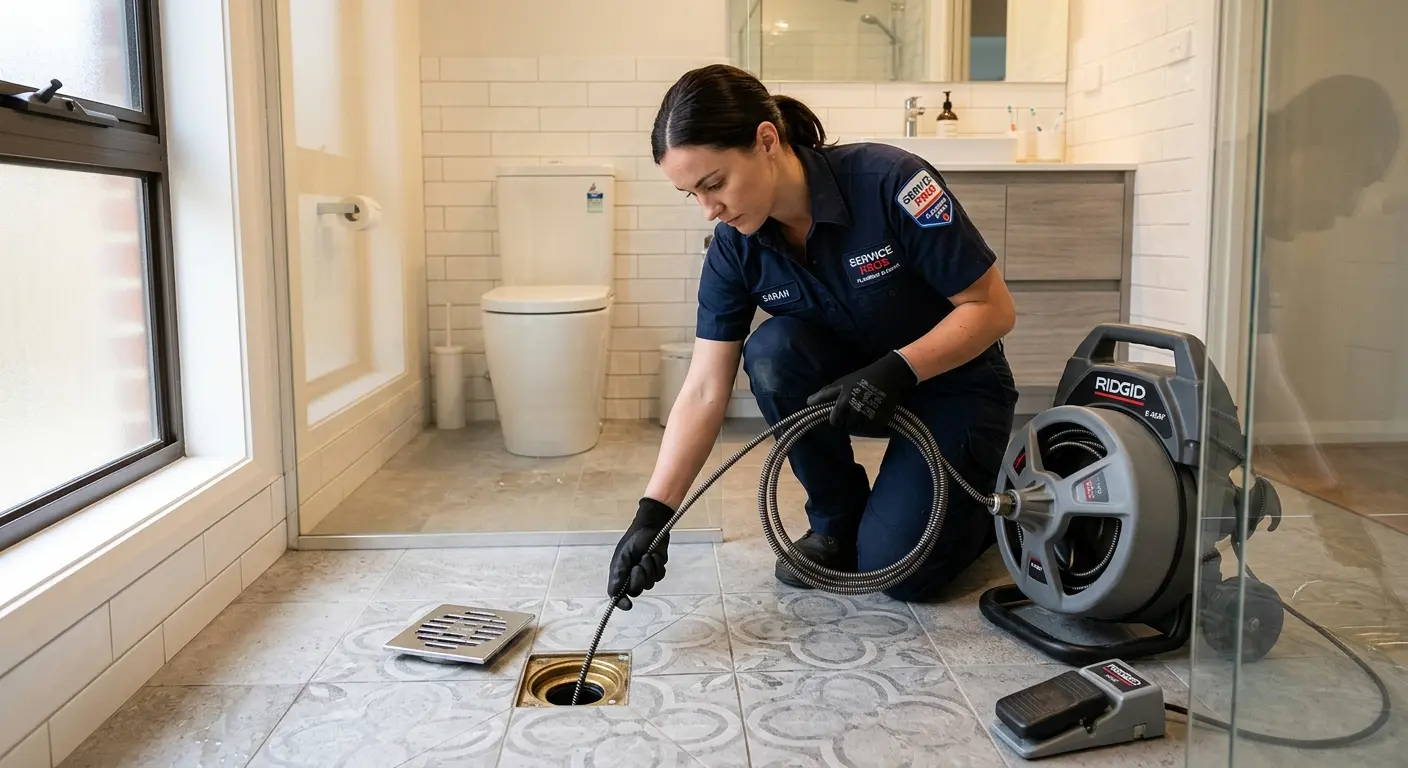 Technician clearing a bathroom floor drain for Sewer Line Replacement in East Cleveland